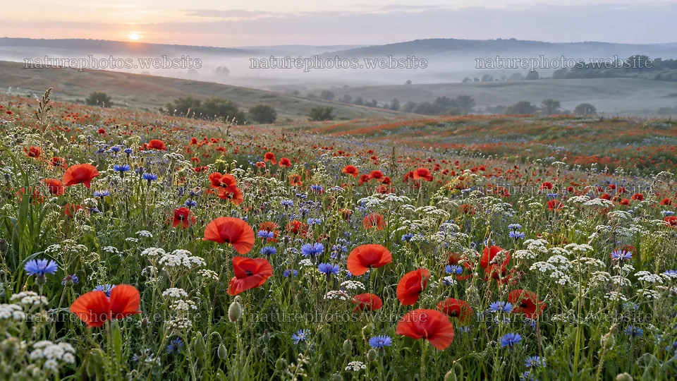 Morning Mist Over a Wildflower Meadow – nature photos 10324x5812